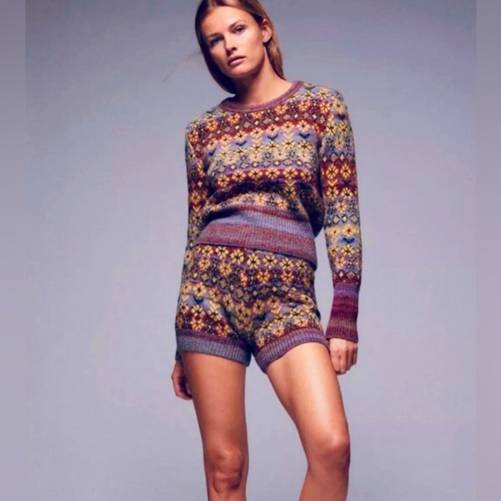 ZARA 2 PC Matching S Jacquard Knit Sweater & High Waisted Shorts New Sz S